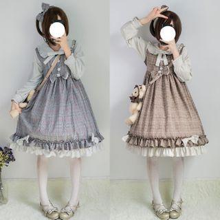 Long-sleeve Plaid A-line Dress / Headband / Set