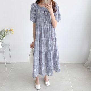 Square-neck Plaid Tiered Dress