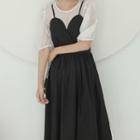 Set: Puff-sleeve Top + Midi A-line Pinafore Dress