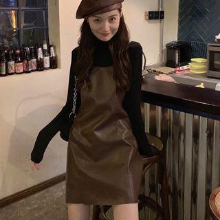 Faux Leather Camisole Dress / Long-sleeve Turtleneck Top