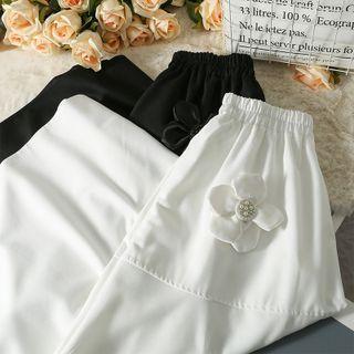 Elastic High-waist Flower-accent Midi Skirt