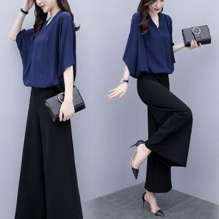 Set: Elbow-sleeve Plain Blouse + Wide-leg Pants