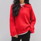 Collared Loose-fit Knit Top Red - One Size