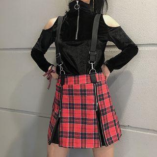 Suspender Mini A-line Plaid Skirt