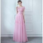 Short Sleeve Lace Trim Evening Gown