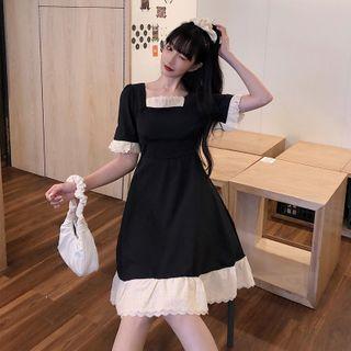 Two-tone Lace Trim Short-sleeve Mini A-line Dress