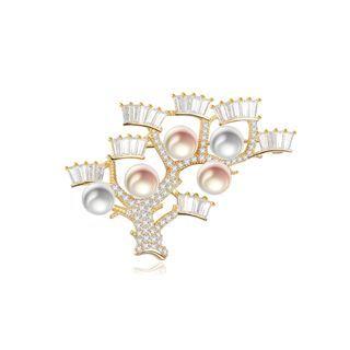 925 Sterling Silver Plated Gold Fashion Elegant Tree Branch Freshwater Pearl Brooch With Cubic Zirconia Golden - One Size