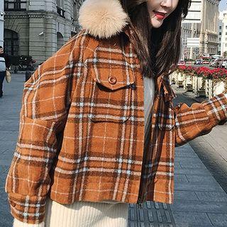 Check Faux Fur Trim Zip Coat