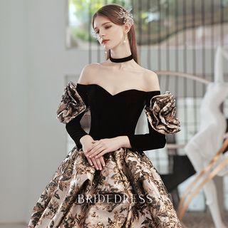 3/4-sleeve Off-shoulder Floral Cocktail Dress
