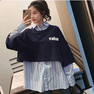 Long-sleeve Striped Shirt / Lettering Crop Pullover