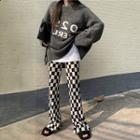 Oversize Letter Sweater / Chessboard Flare Pants