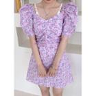 Puff-sleeve A-line Floral Minidress Purple - One Size