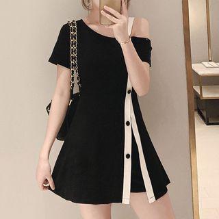 Set: Contrast Trim Short-sleeve Mini A-line Dress + Shorts
