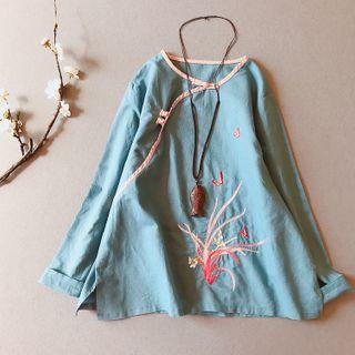 Long-sleeve Frog Button Embroidered Top