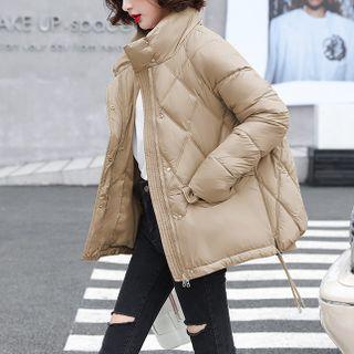Long-sleeve Stand-collar Plain Drawstring Padded Jacket