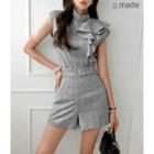 Glen-plaid Draped Blouse & Belted Shorts Set