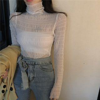 Long-sleeve Turtle-neck Mesh Top