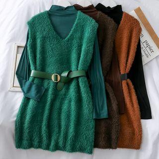 Set: Mock-neck T-shirt + Furry Knit Dress With Belt