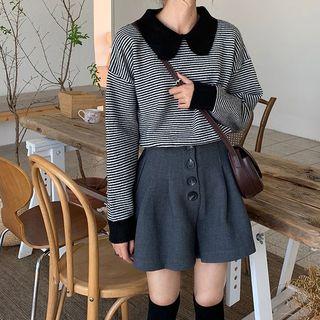 Peter Pan Collar Striped Sweater / Button-detail Wide-leg Shorts
