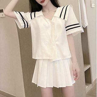 Short-sleeve Sailor-collar Double Breasted Blouse / Pleated Mini Skirt / Set