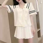 Short-sleeve Sailor-collar Double Breasted Blouse / Pleated Mini Skirt / Set