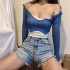 Set: Long-sleeve Off-shoulder Crop Top + One-shoulder Camisole