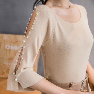 Faux-pearl 3/4-sleeve Knit Top