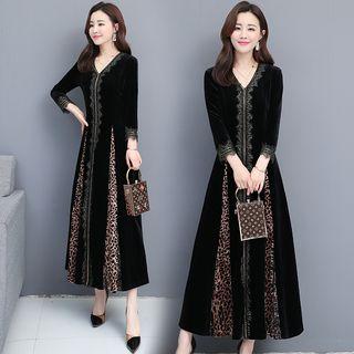 Long-sleeve Leopard Print Panel Maxi A-line Dress