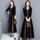 Long-sleeve Leopard Print Panel Maxi A-line Dress