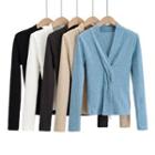 Plain Ribbed V-neck Twist-front Long Sleeve Sweater