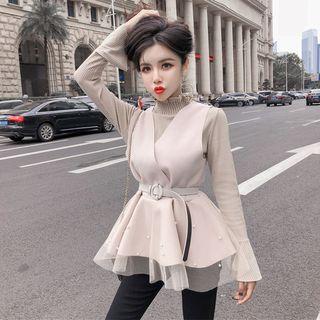 Set: Mock-turtleneck Rib Knit Top + Faux Pearl Mesh Panel Vest