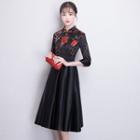 Elbow-sleeve Embroidered A-line Midi Qipao Dress