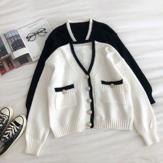 Color-block Trim V-neck Long-sleeve Cardigan