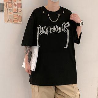 Elbow-sleeve Lettering Rhinestone T-shirt