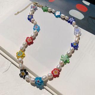 Flower Freshwater Pearl Choker 1 Pc - Blue & Red & Yellow - One Size