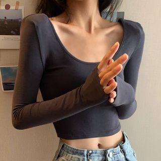 Scoop-neck Padded-shoulder Cropped T-shirt