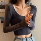 Scoop-neck Padded-shoulder Cropped T-shirt