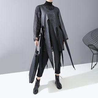 Mock Two-piece Faux Leather Top Black - One Size