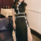 Short-sleeve Lace Trim Midi Qipao Dress