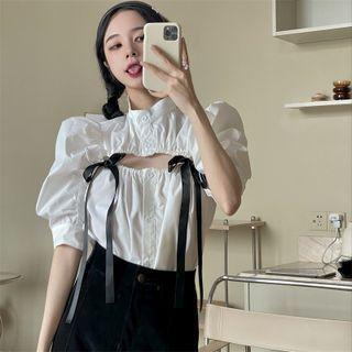 Details Puff-sleeve Cutout Shirt White - One Size