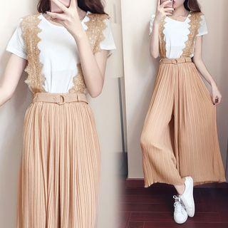 Set: Plain Short Sleeve T-shirt + Pleated Suspender Wide Leg Pants