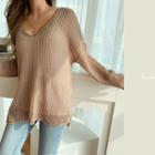 Drop-shoulder Sheer Sweater Beige - One Size