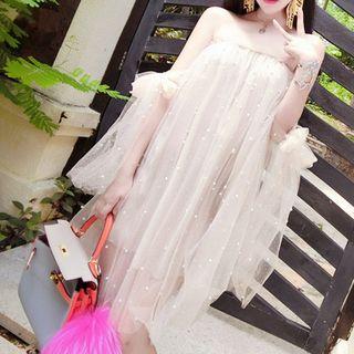 Faux Pearl Strapless Mesh Dress