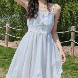 Plain Bow Spaghetti-strap Midi Dress White - One Size