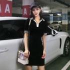 Short-sleeve Striped Trim Mini Polo Shirt Dress
