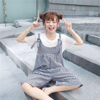 Set: Plain Short-sleeve T-shirt + Cropped Plaid Jumper Pants As Shown In Figure - One Size