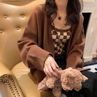 Set: Check Camisole Top + Open-front Cardigan