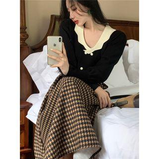 Puff-sleeve Double-breasted Cardigan / Houndstooth Midi A-line Skirt