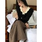 Puff-sleeve Double-breasted Cardigan / Houndstooth Midi A-line Skirt