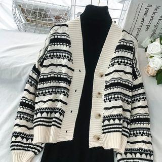 Set: Print Loose-fit Cardigan + Plain Dress Dress - Black - One Size